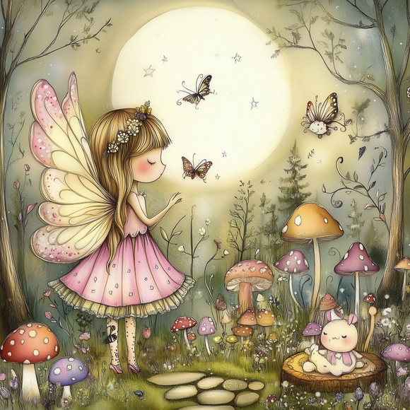 5pc Whimsical Fairy Art Print Iron On Heat Transfers with Pink and Green Accents